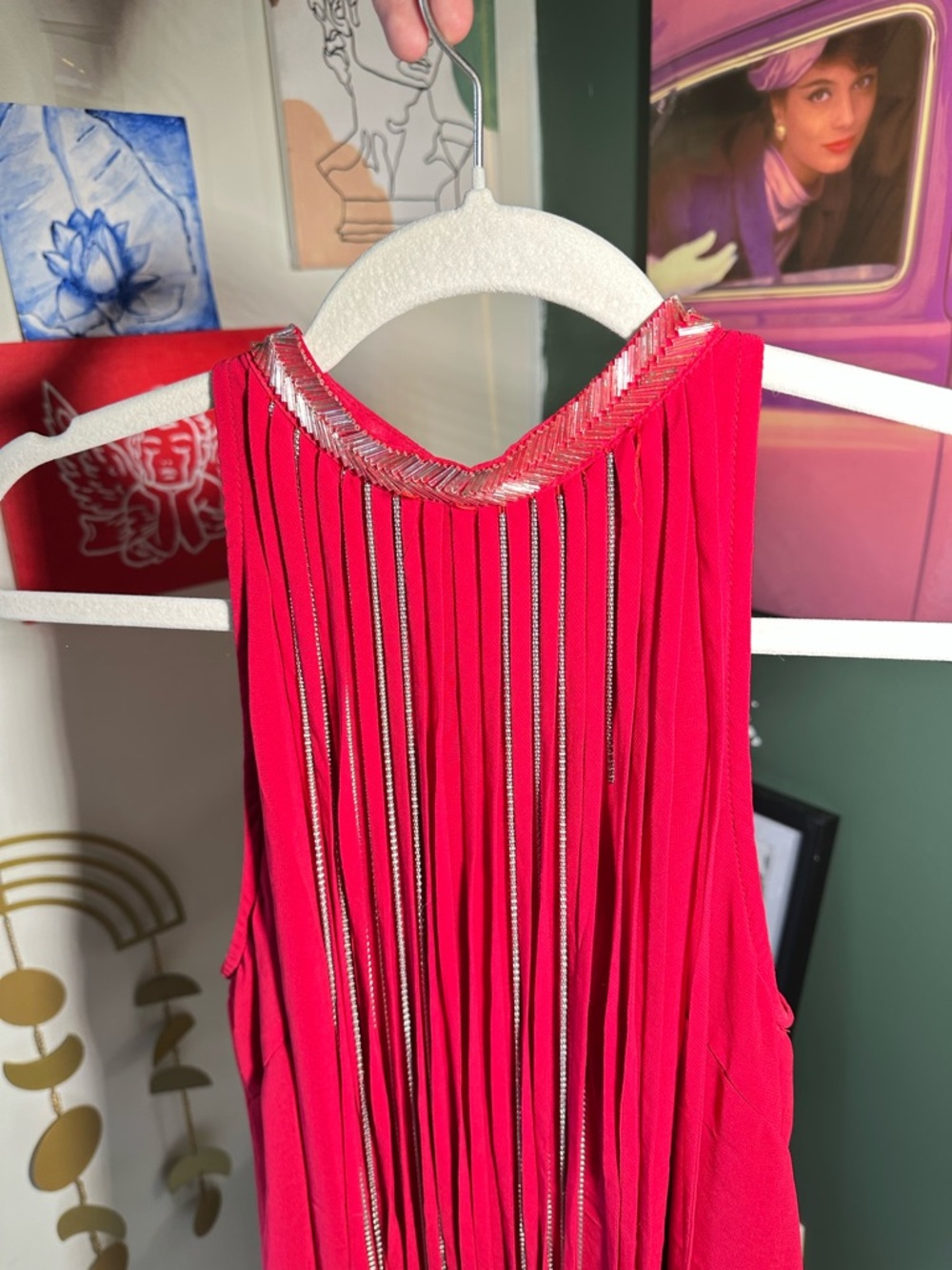 Esley Hot Pink Halter Dress with Silver Beaded Trim